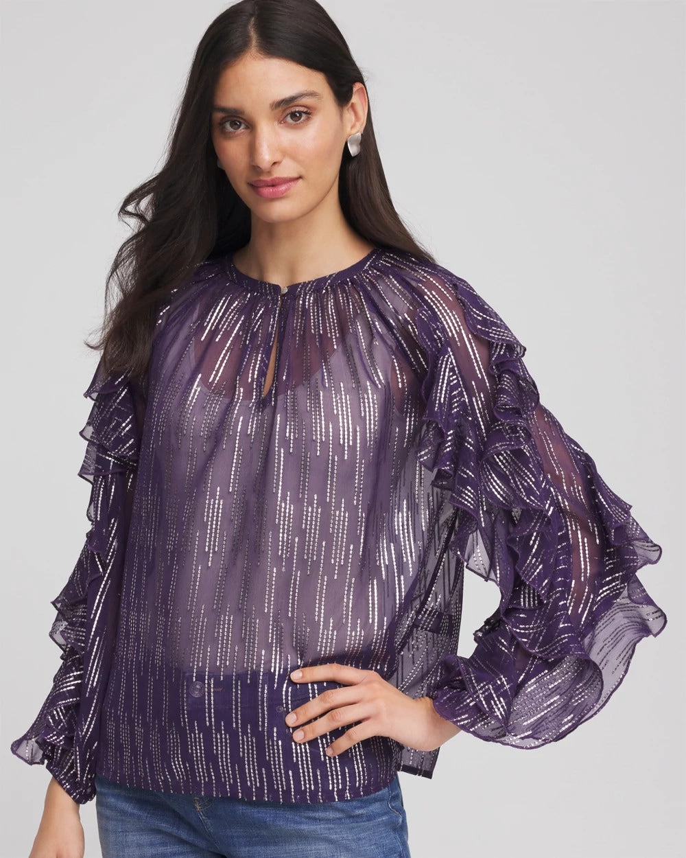 Chico's Georgette Ruffle Sleeve Blouse PURPLE ELIXIR