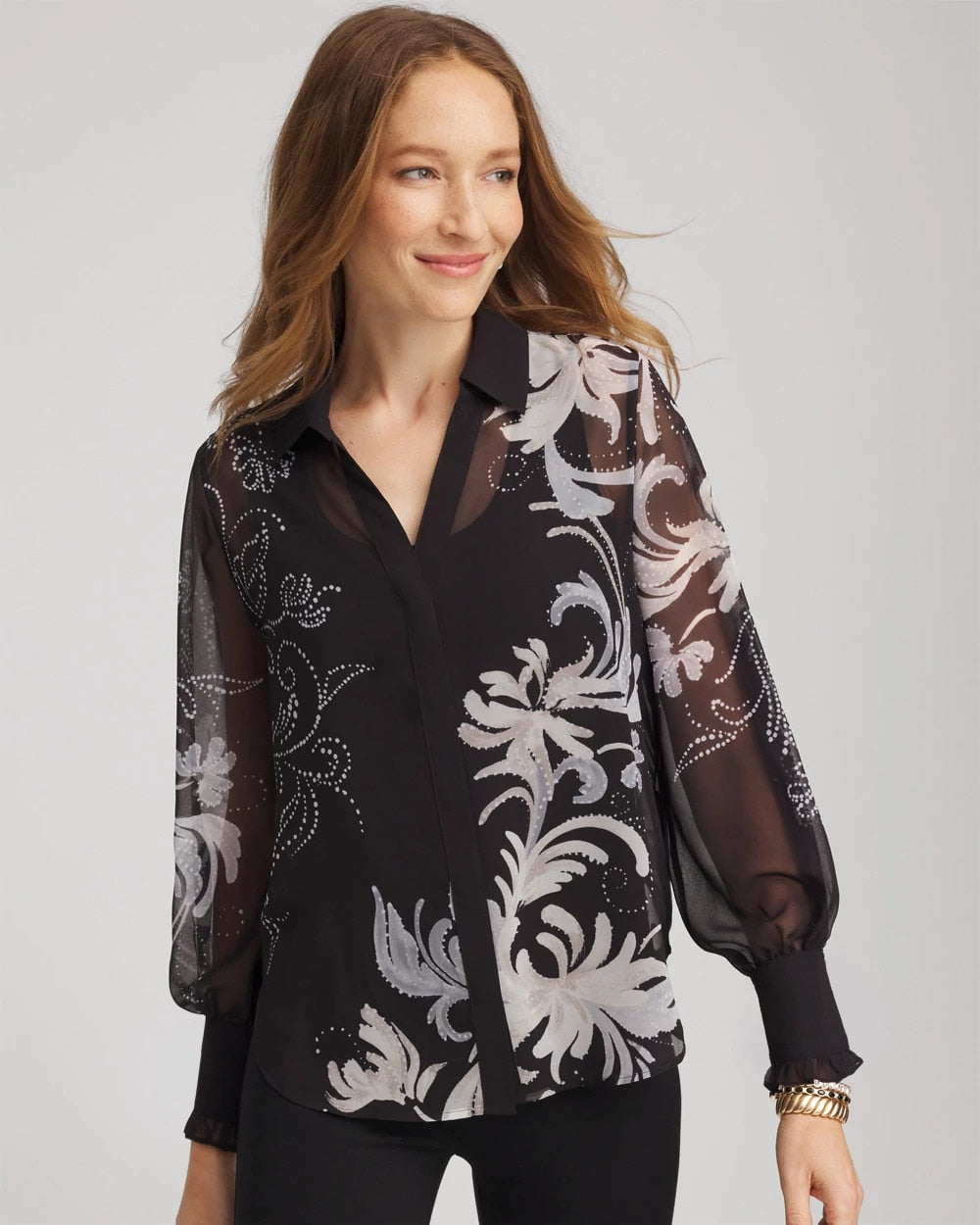 Chico's Georgette Flow Print Blouse BLACK