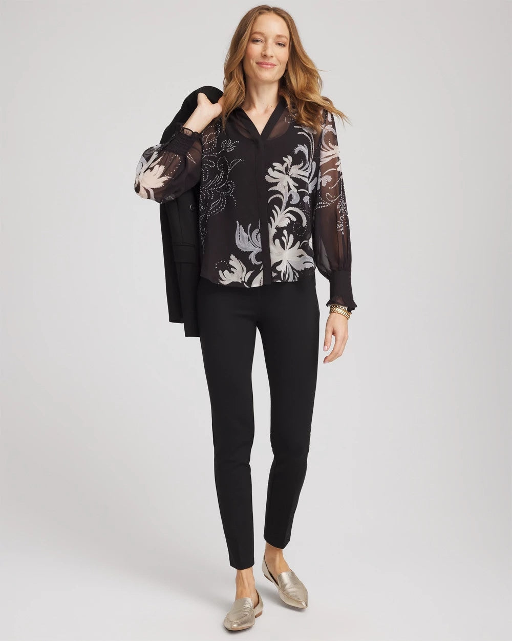 Chico's Georgette Flow Print Blouse BLACK