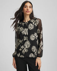Chico's Floral Metallic Bodre Top BLACK