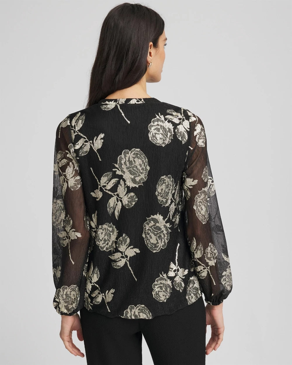 Chico's Floral Metallic Bodre Top BLACK