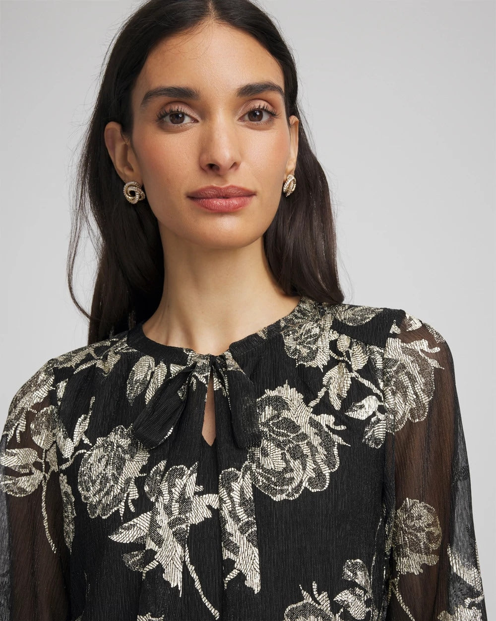 Chico's Floral Metallic Bodre Top BLACK