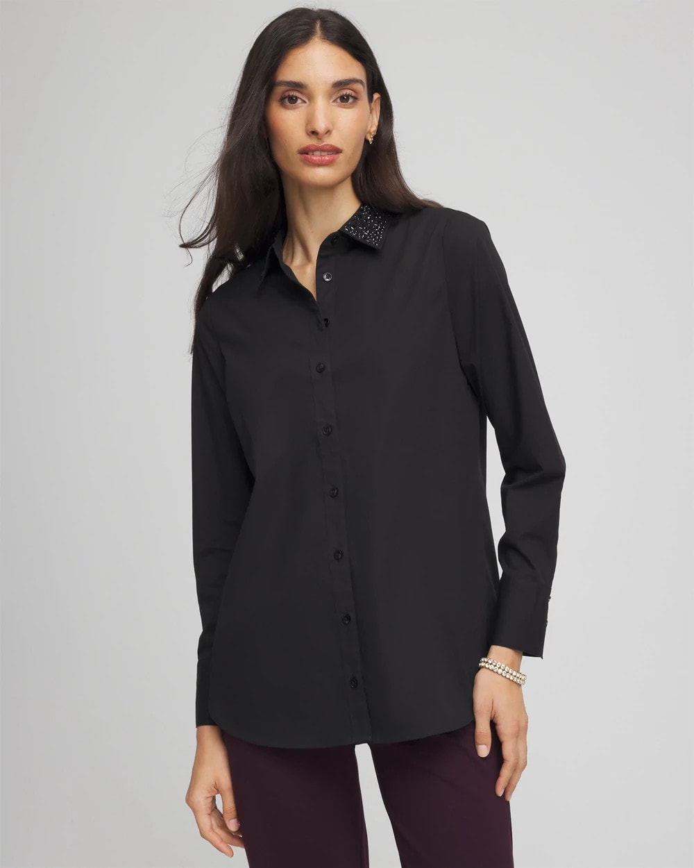 Chico's Tonal Jewels Poplin Shirt BLACK