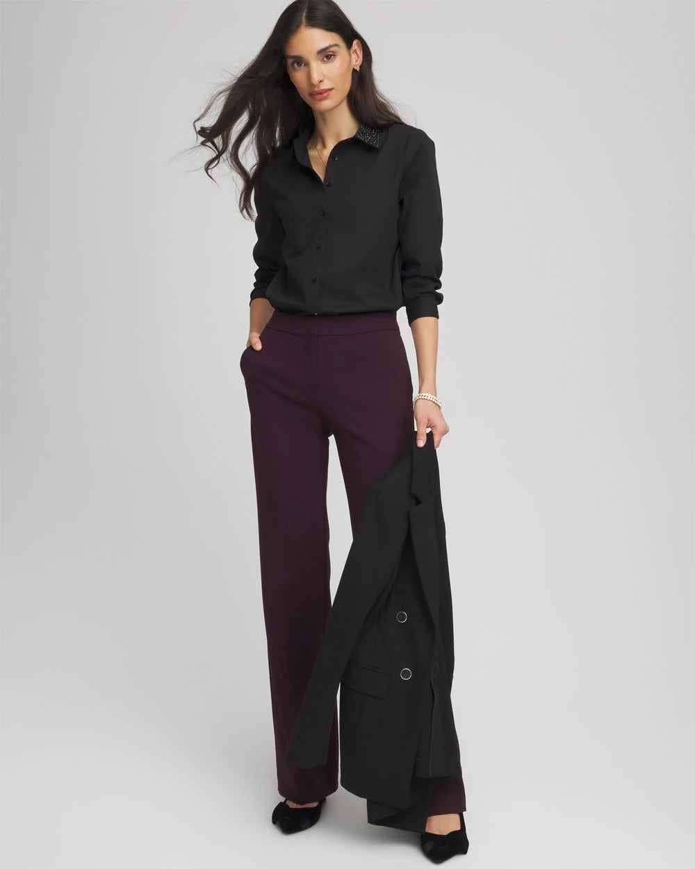 Chico's Tonal Jewels Poplin Shirt BLACK