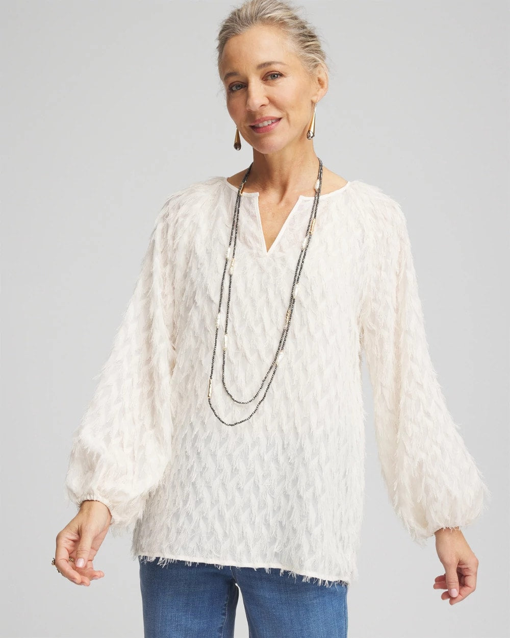 Chico's Feathered Pullover Peasant Blouse ENGLISH CREAM