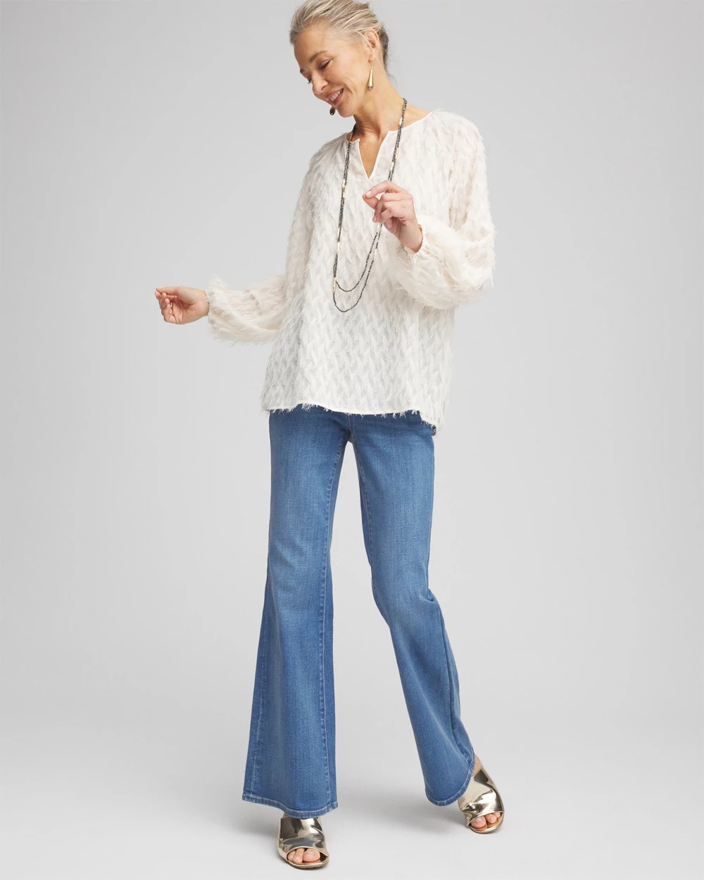 Chico's Feathered Pullover Peasant Blouse ENGLISH CREAM