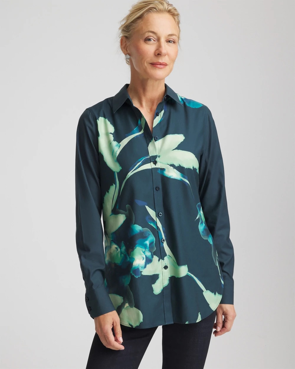 Chico's No Iron™ Glacial Flora Sateen Shirt TEAL SHADOW
