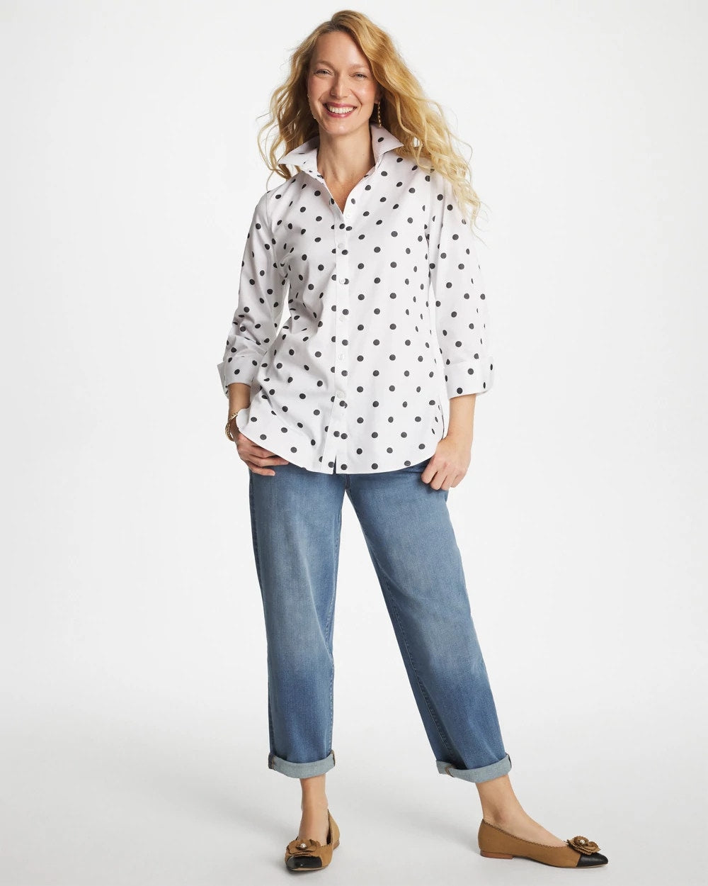 Chico's No Iron™ Stretch Perfect Dots Shirt OPTIC WHITE