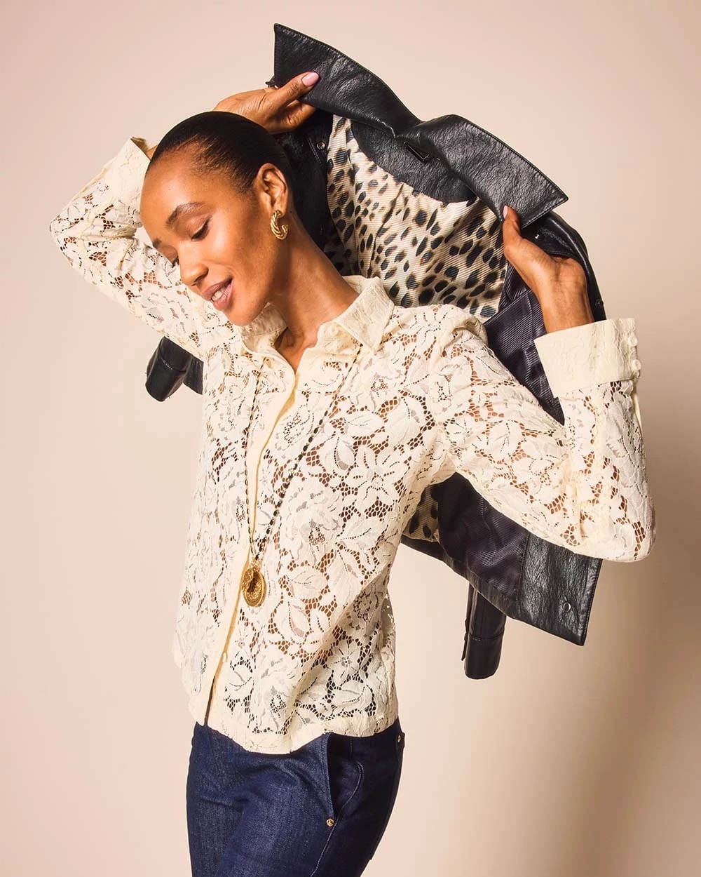 Chico's Classic-Fit Collared Lace Shirt ENGLISH CREAM