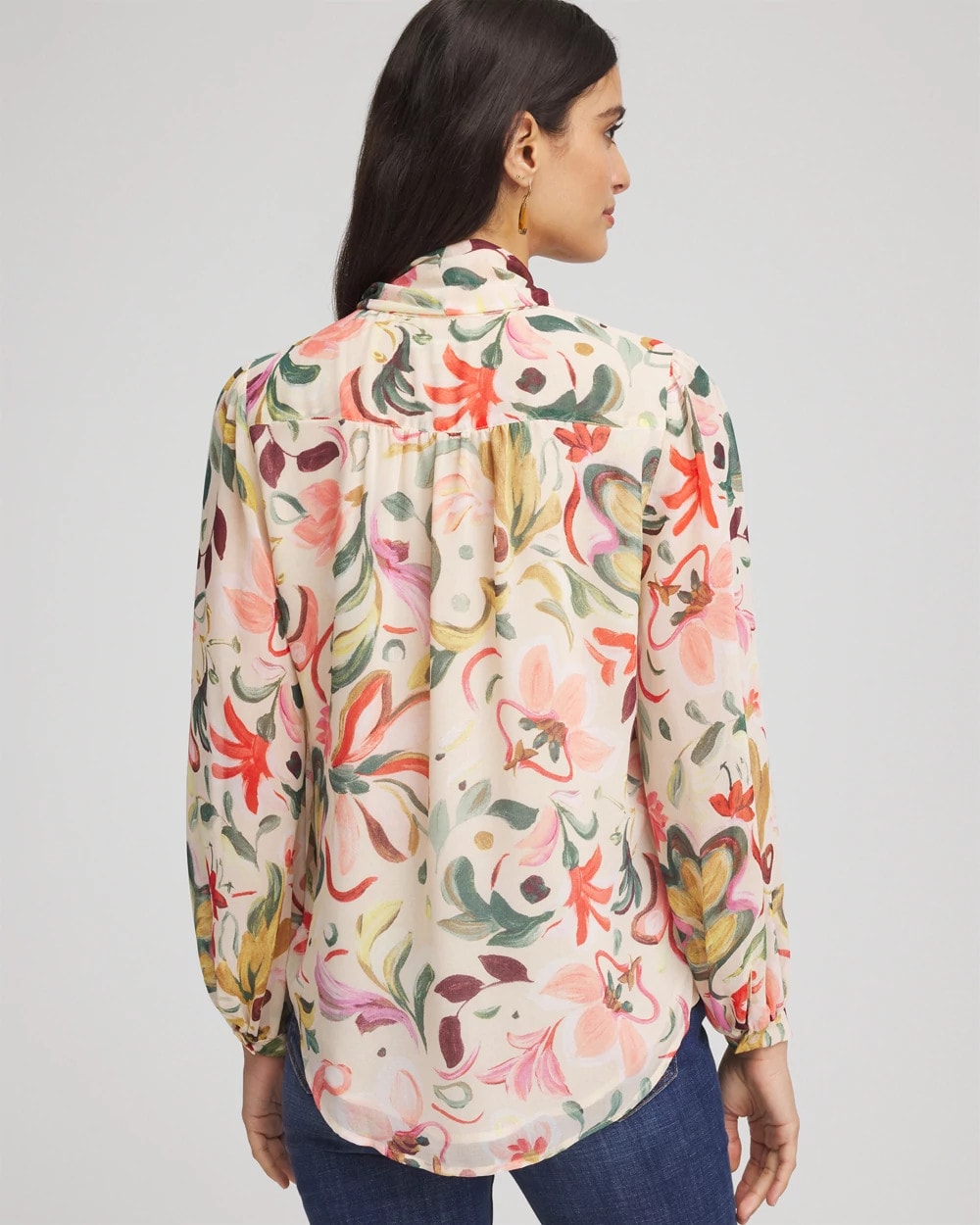 Chico's Floral Jacquard Tie-Front Blouse CASHEW