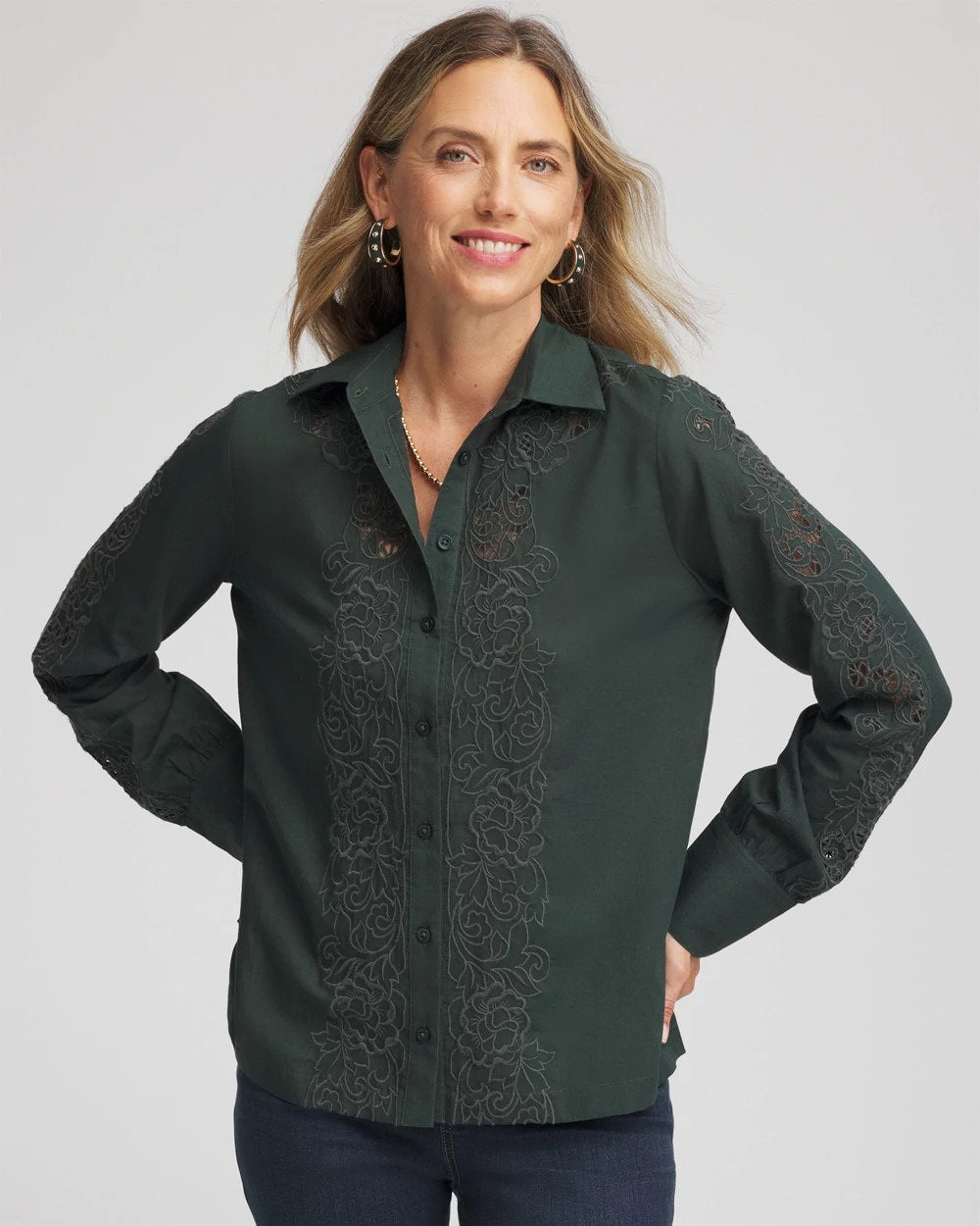 Chico's Lace Cotton Voile Shirt DARKEST SPRUCE