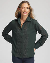 Chico's Lace Cotton Voile Shirt DARKEST SPRUCE