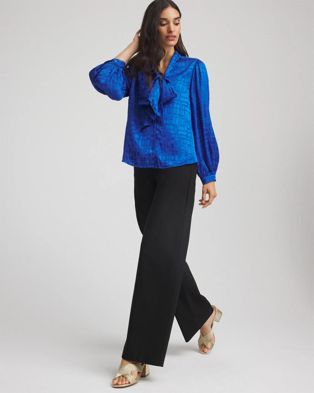 Chico's Jacquard Tie-Front Blouse COBALT STONE