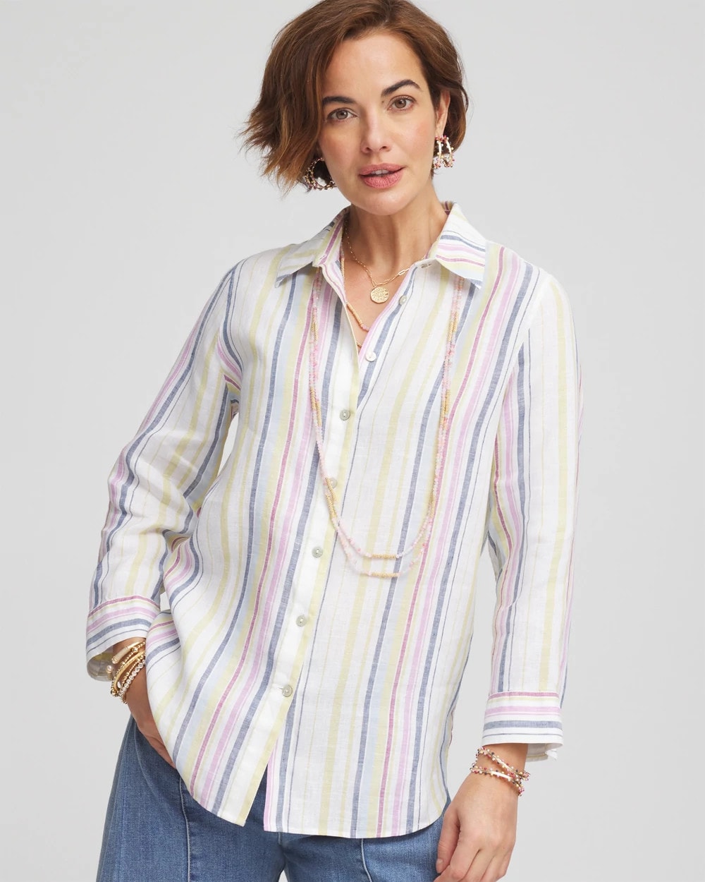 Chico's No Iron™ Multi Stripe Linen Shirt LAVENDER SKIES