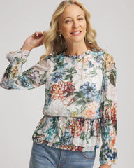 Chico's Rose Print Crinkle Top ECRU