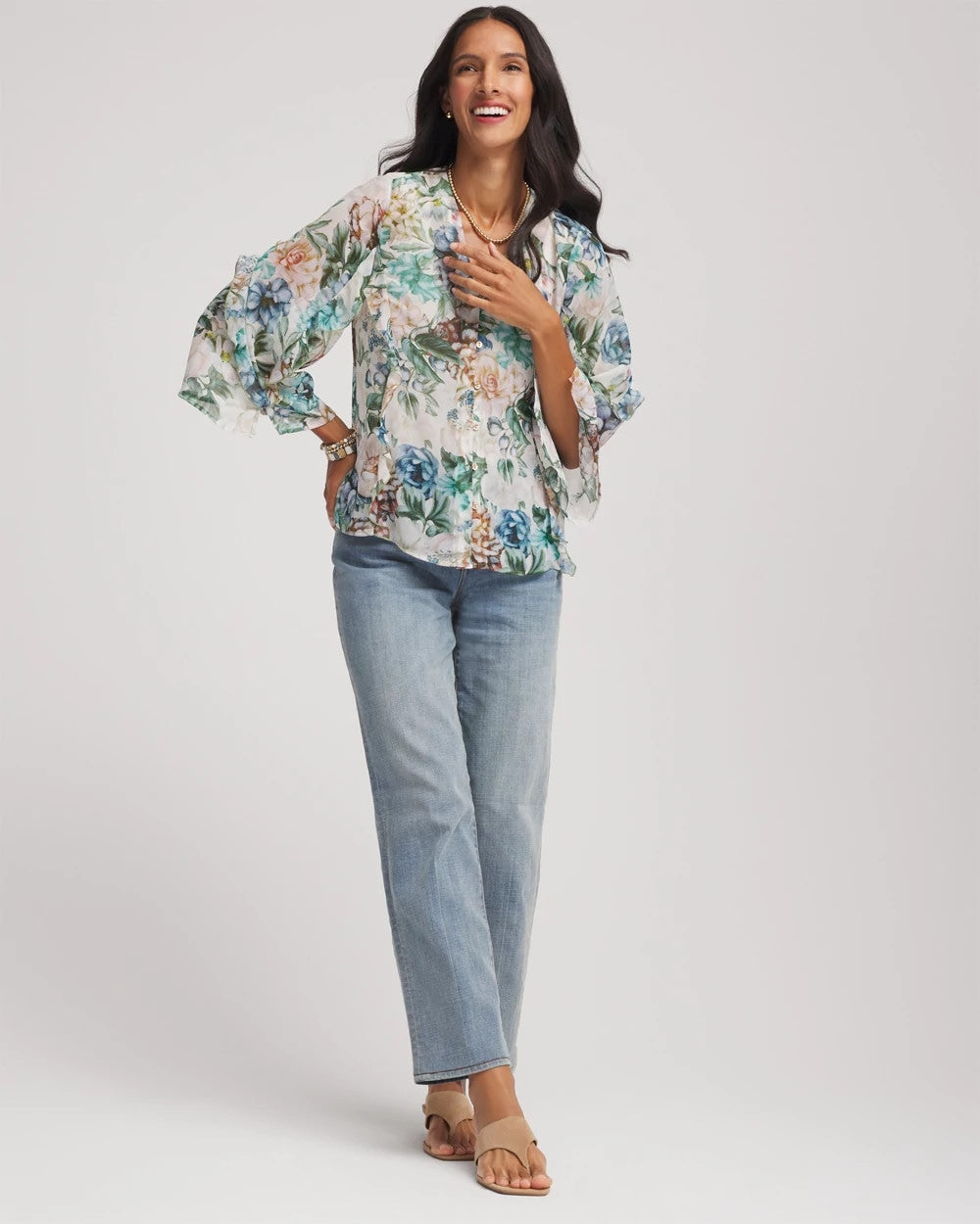 Chico's Georgette Ruffled V-Neck Blouse ROSE SMOKE