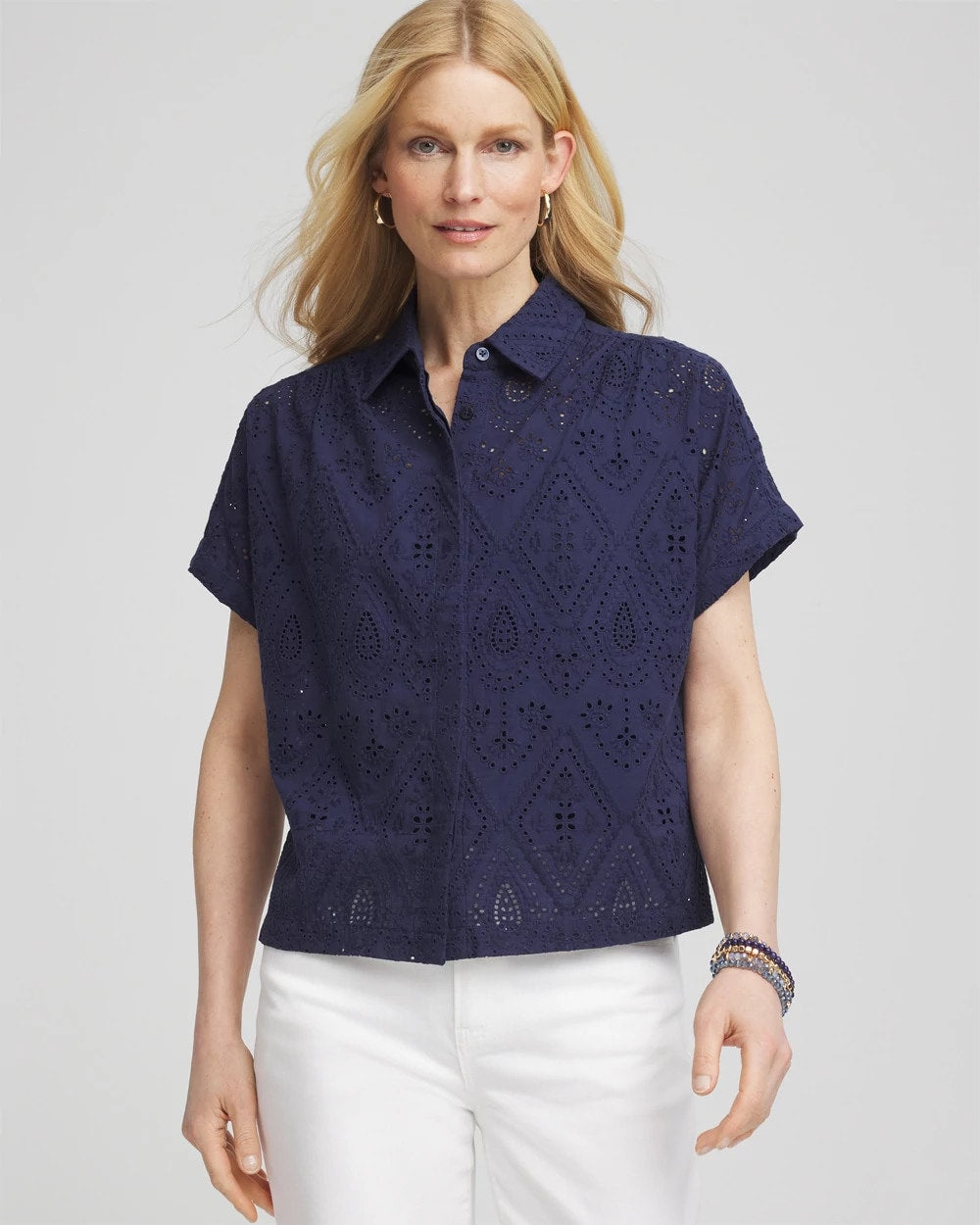 Chico's Embroidered Eyelet Button-down Top PASSPORT BLUE