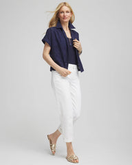 Chico's Embroidered Eyelet Button-down Top PASSPORT BLUE