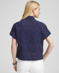 Chico's Embroidered Eyelet Button-down Top PASSPORT BLUE