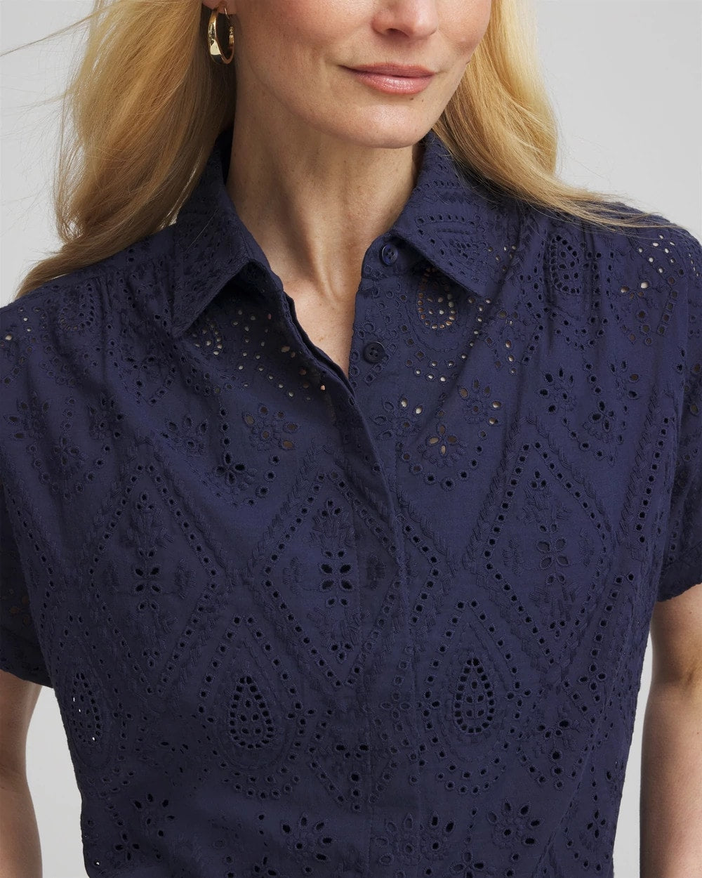 Chico's Embroidered Eyelet Button-down Top PASSPORT BLUE