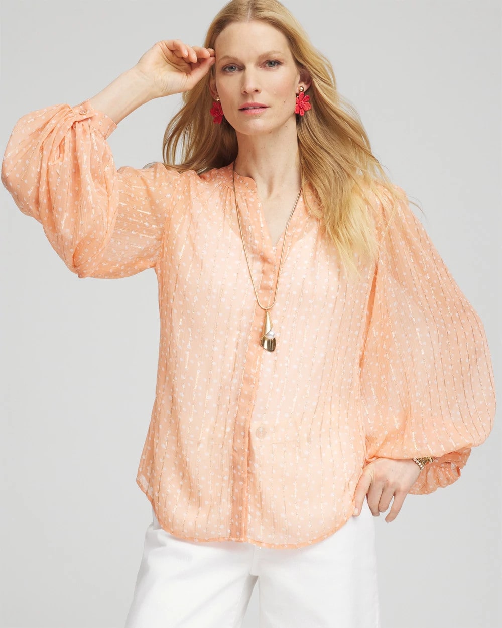 Chico's Metallic Jacquard Blouse CORAL BLOSSOM
