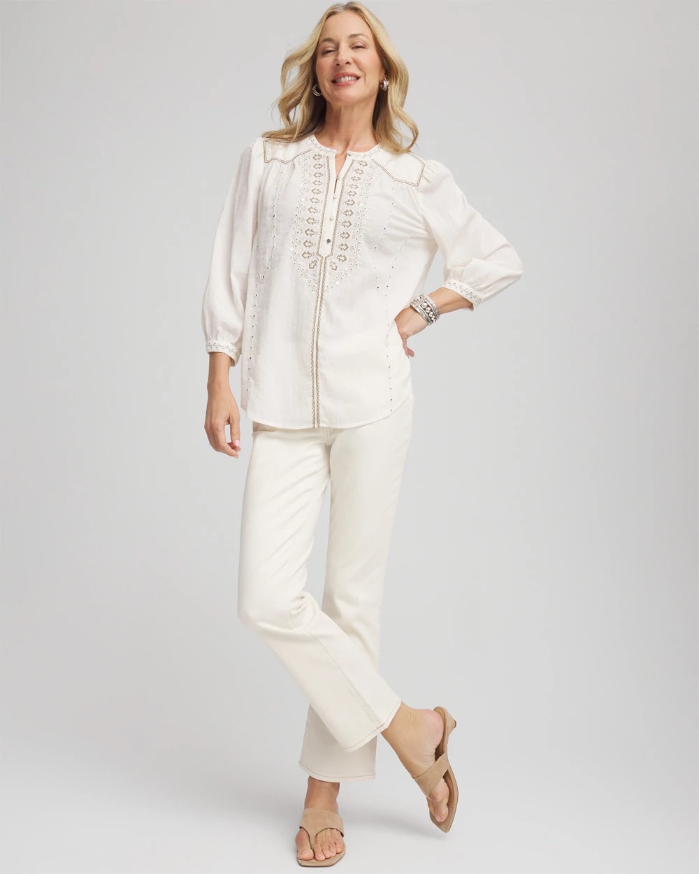 Chico's Embroidered Crinkle-Cotton Blouse ECRU