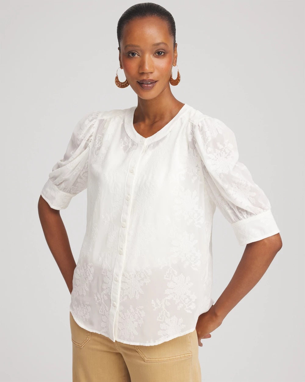 Chico's Chiffon Puff Sleeve Shirt ECRU
