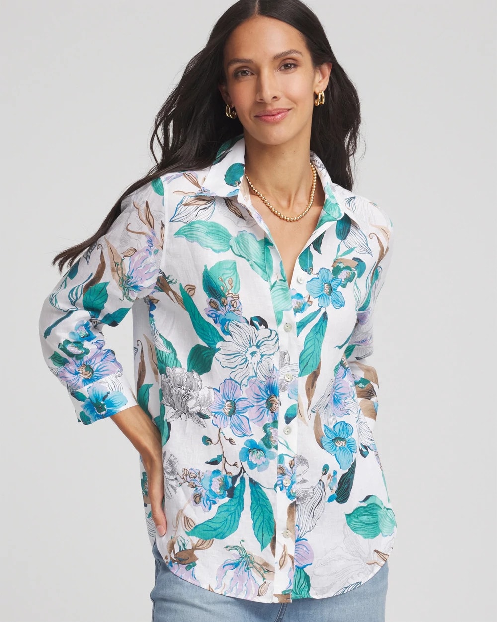 Chico's No Iron™ Floral Linen Shirt PARADISO BLUE