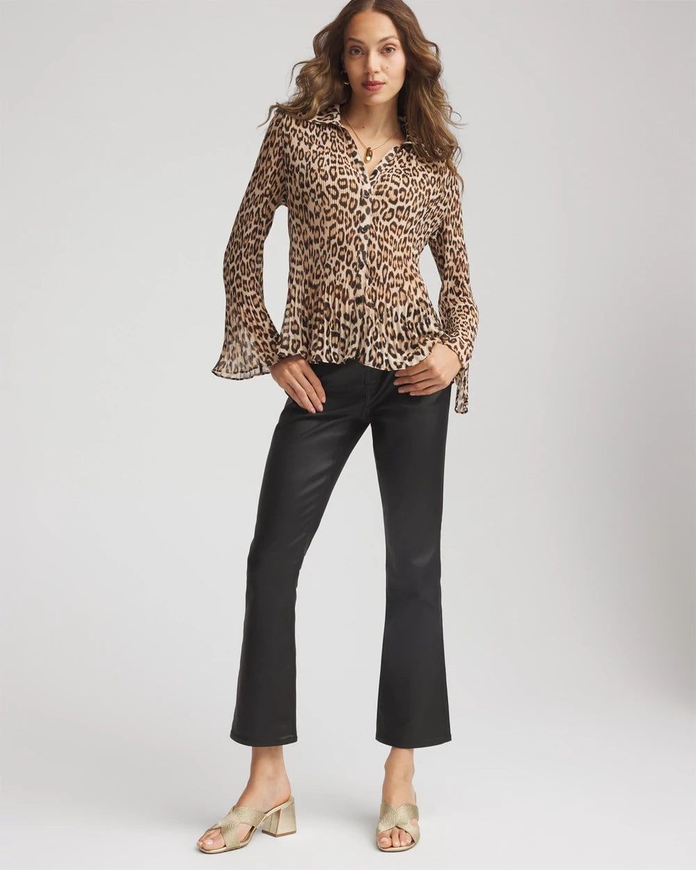 Chico's Animal-Print Pleated Georgette Blouse BLACK