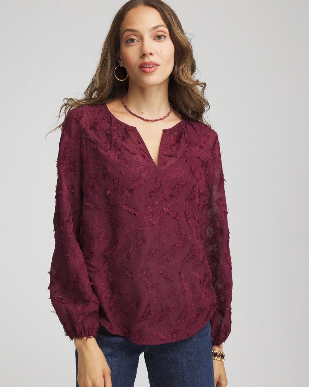 Chico's Feathered Pullover Peasant Blouse DEEP CHIANTI