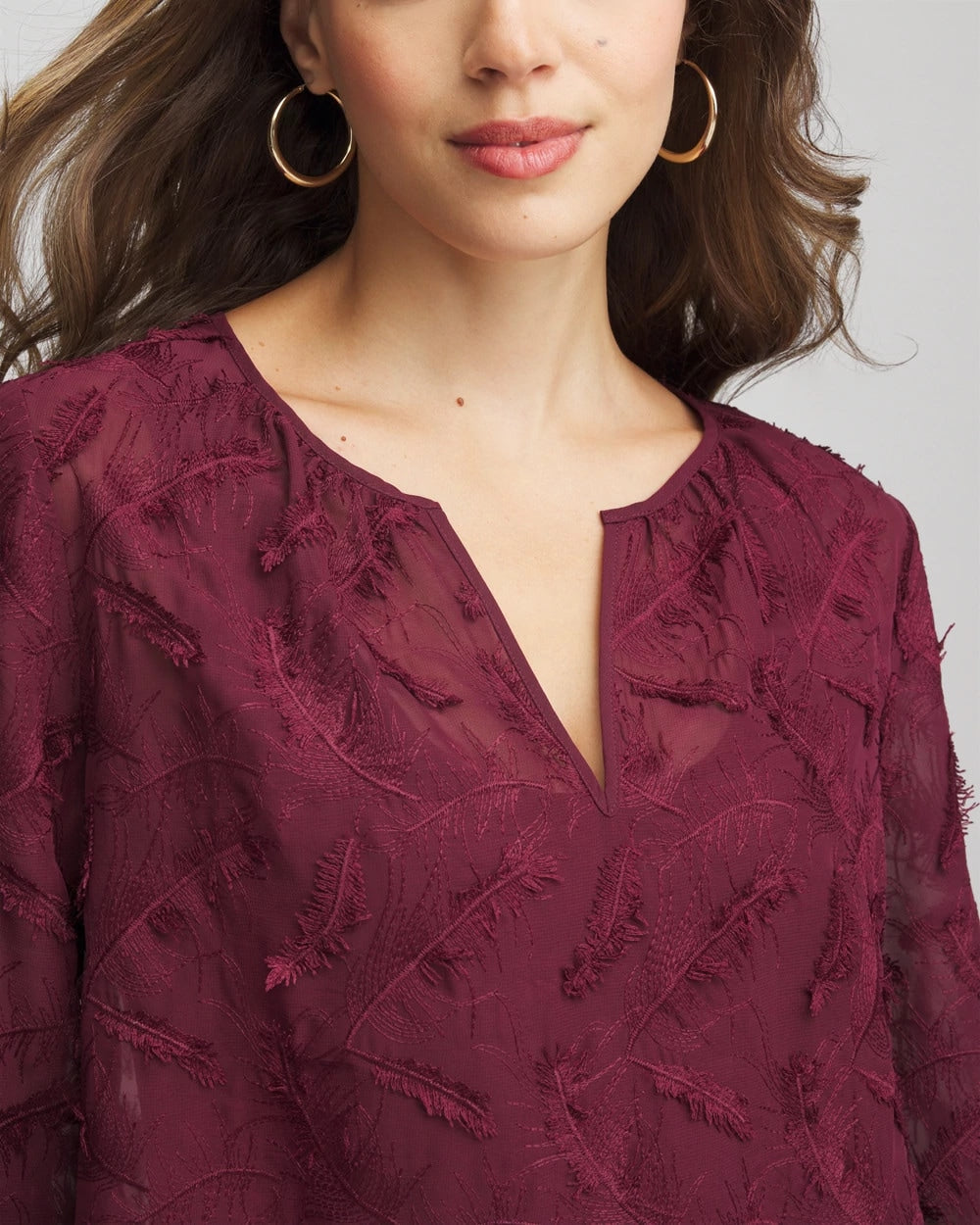Chico's Feathered Pullover Peasant Blouse DEEP CHIANTI