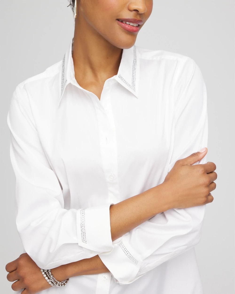Chico's Rhinestone Embellished Poplin Tunic ALABASTER
