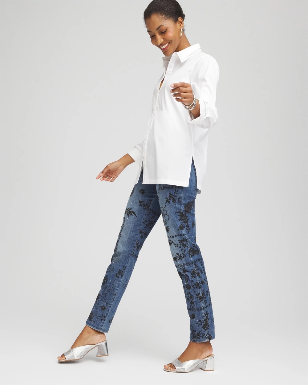 Chico's Rhinestone Embellished Poplin Tunic ALABASTER