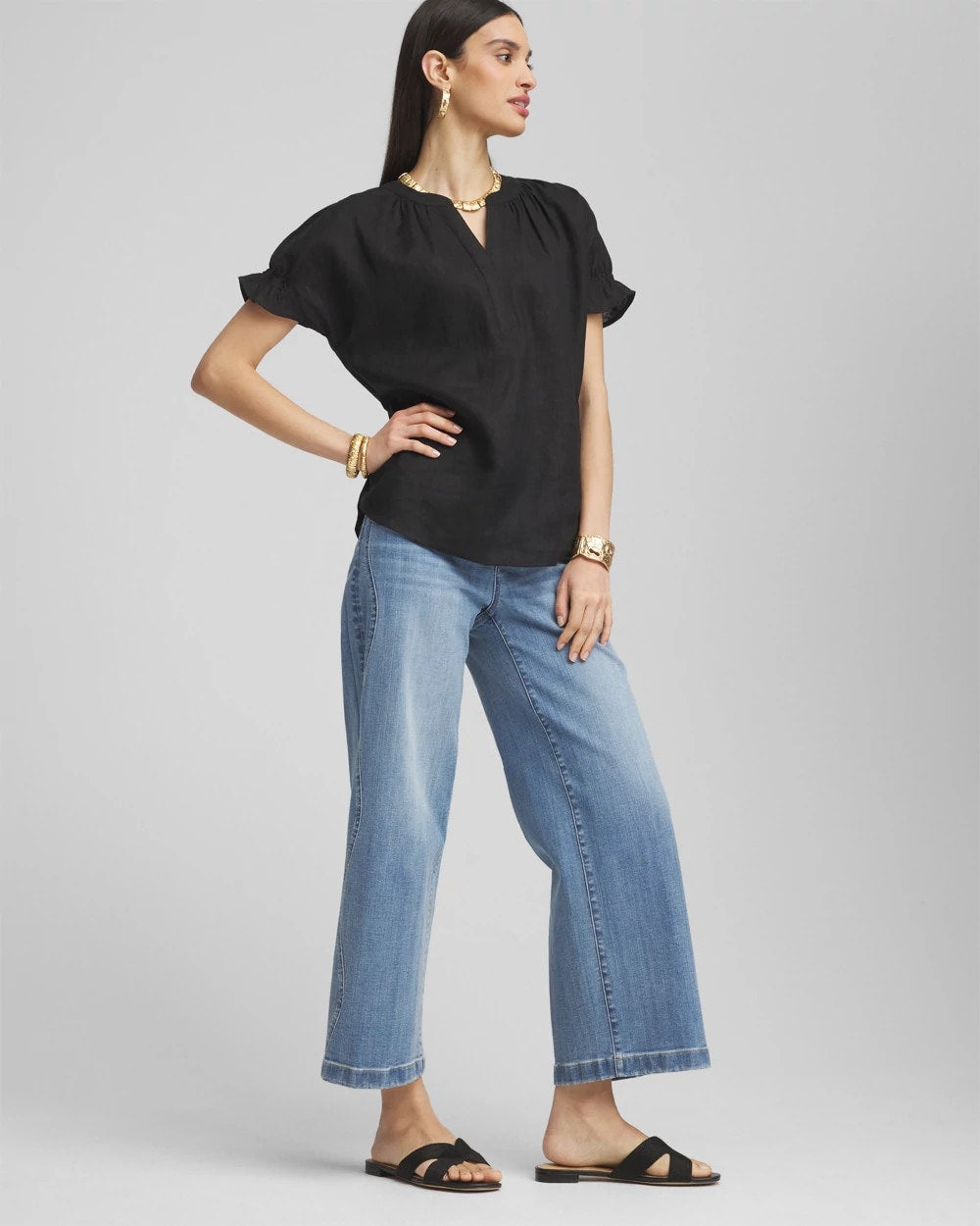 Chico's Linen Flutter-Sleeve Popover Top BLACK