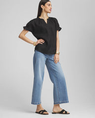 Chico's Linen Flutter-Sleeve Popover Top BLACK