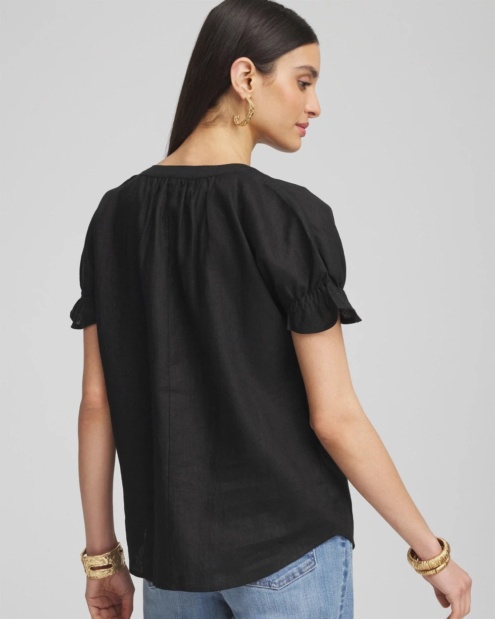 Chico's Linen Flutter-Sleeve Popover Top BLACK