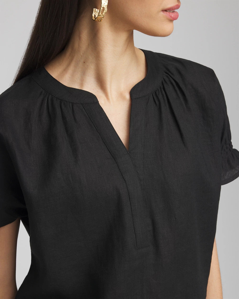 Chico's Linen Flutter-Sleeve Popover Top BLACK