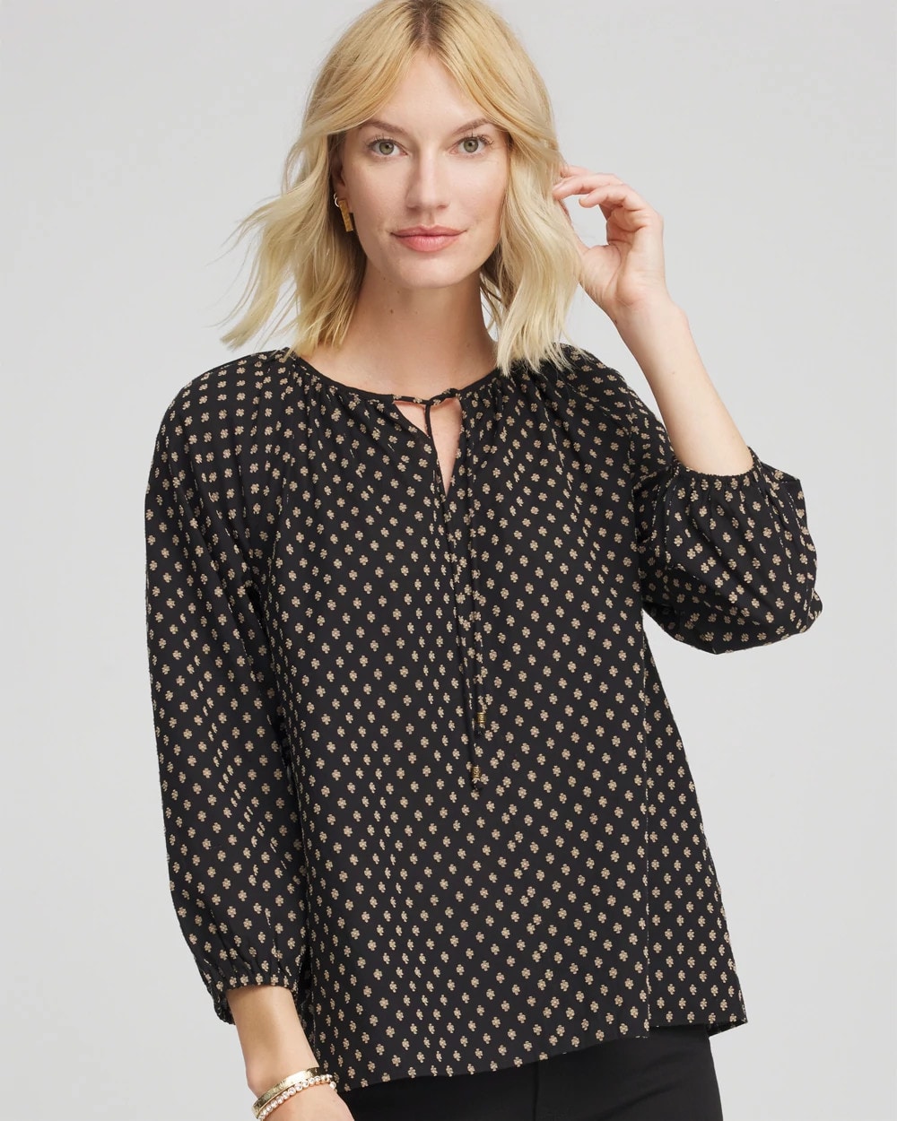 Chico's Floral Print Tie-Neck Top BLACK