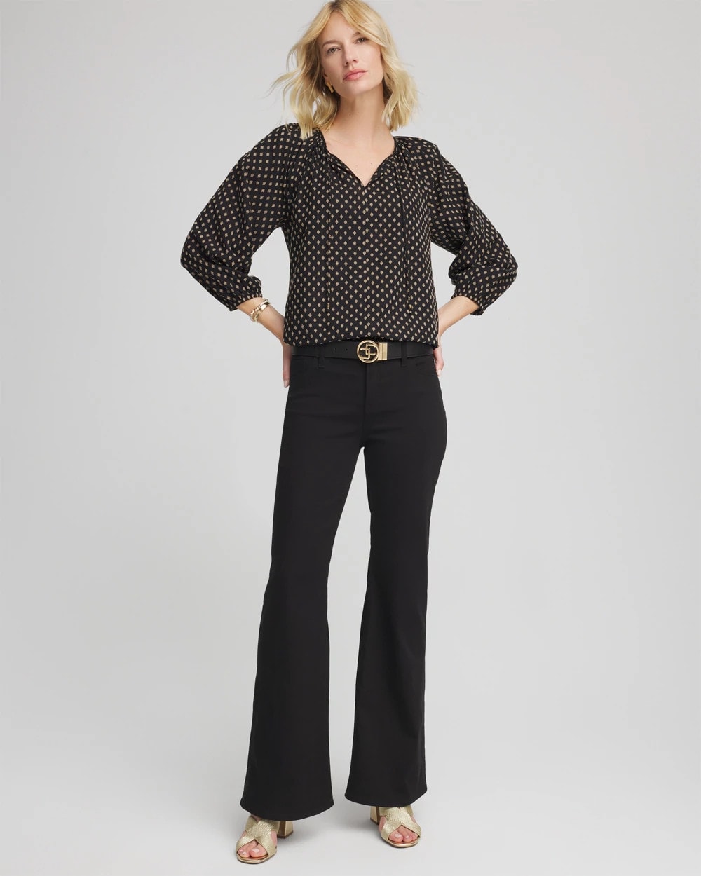 Chico's Floral Print Tie-Neck Top BLACK