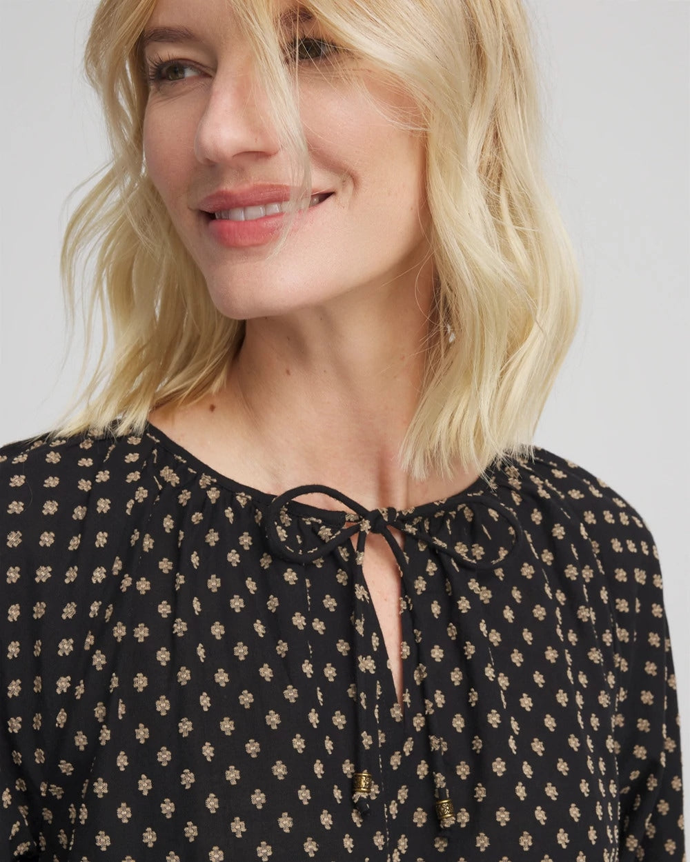 Chico's Floral Print Tie-Neck Top BLACK
