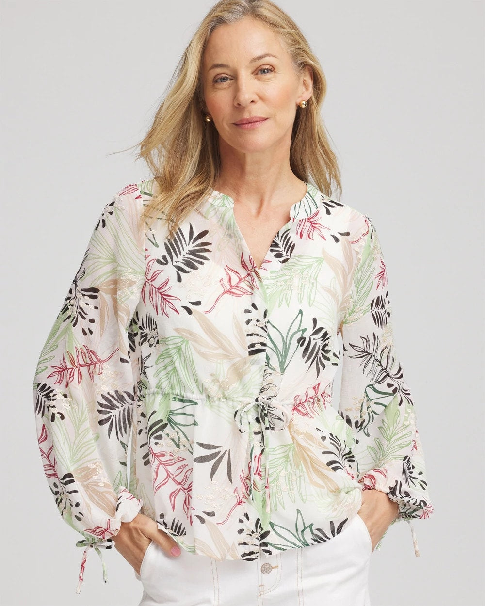 Chico's Drawstring Crinkle Chiffon Blouse CAFE AROMA