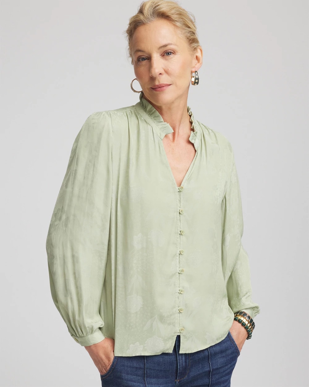 Chico's Jacquard Georgette Peasant Blouse SAGE MEADOW