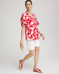 Chico's Floral Linen Popover Shirt RED GLOW