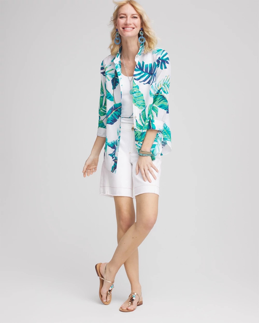 Chico's No Iron™ Palm Print Linen Shirt SEASPRAY