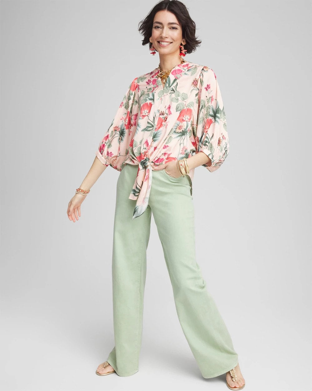 Chico's Floral Satin Tie-Front Pullover Top CORAL BLOSSOM