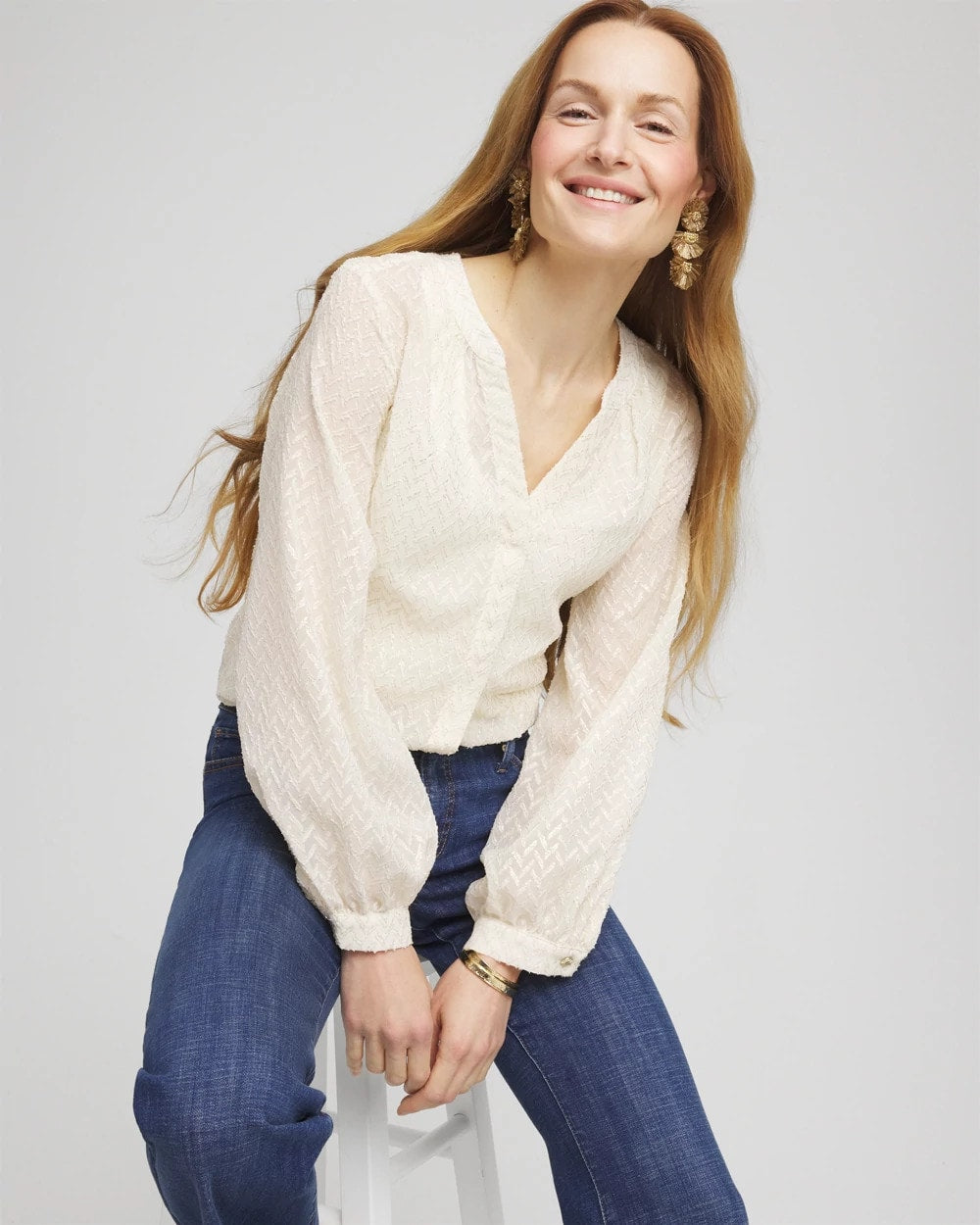 Chico's Chevron Blouson Sleeve Blouse ECRU