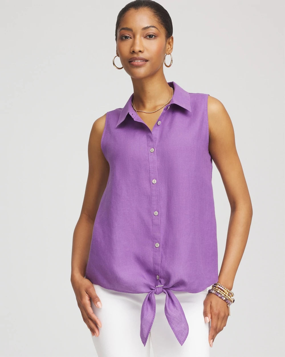 Chico's No Iron™ Linen Tie-Front Sleeveless Shirt PLUM SHADE