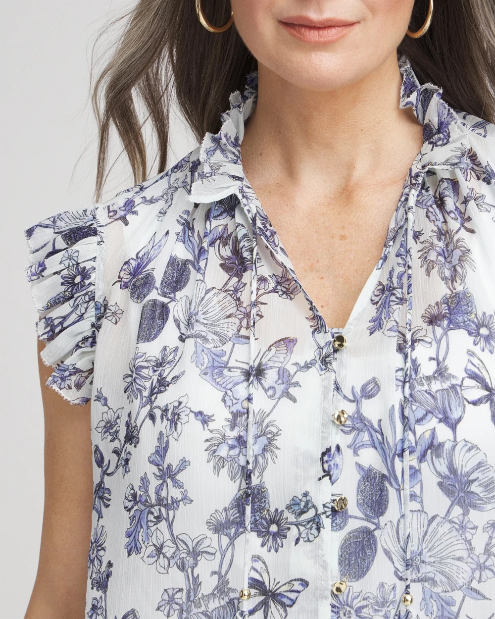 Chico's Butterfly Ruffle Collar Blouse PALE TURQ BLUE