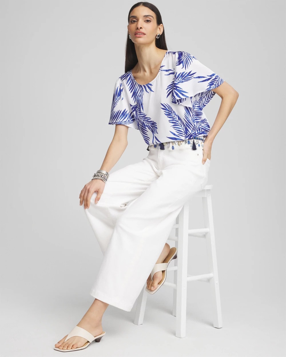 Chico's Flutter Sleeve Satin Top BLUE CASA