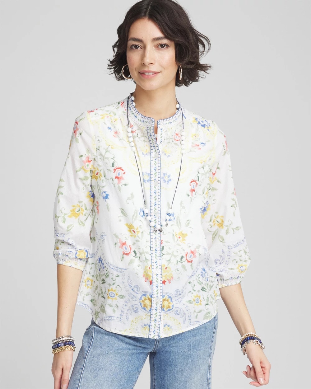 Chico's Floral Billow-Sleeve Blouse MELON MAMBO
